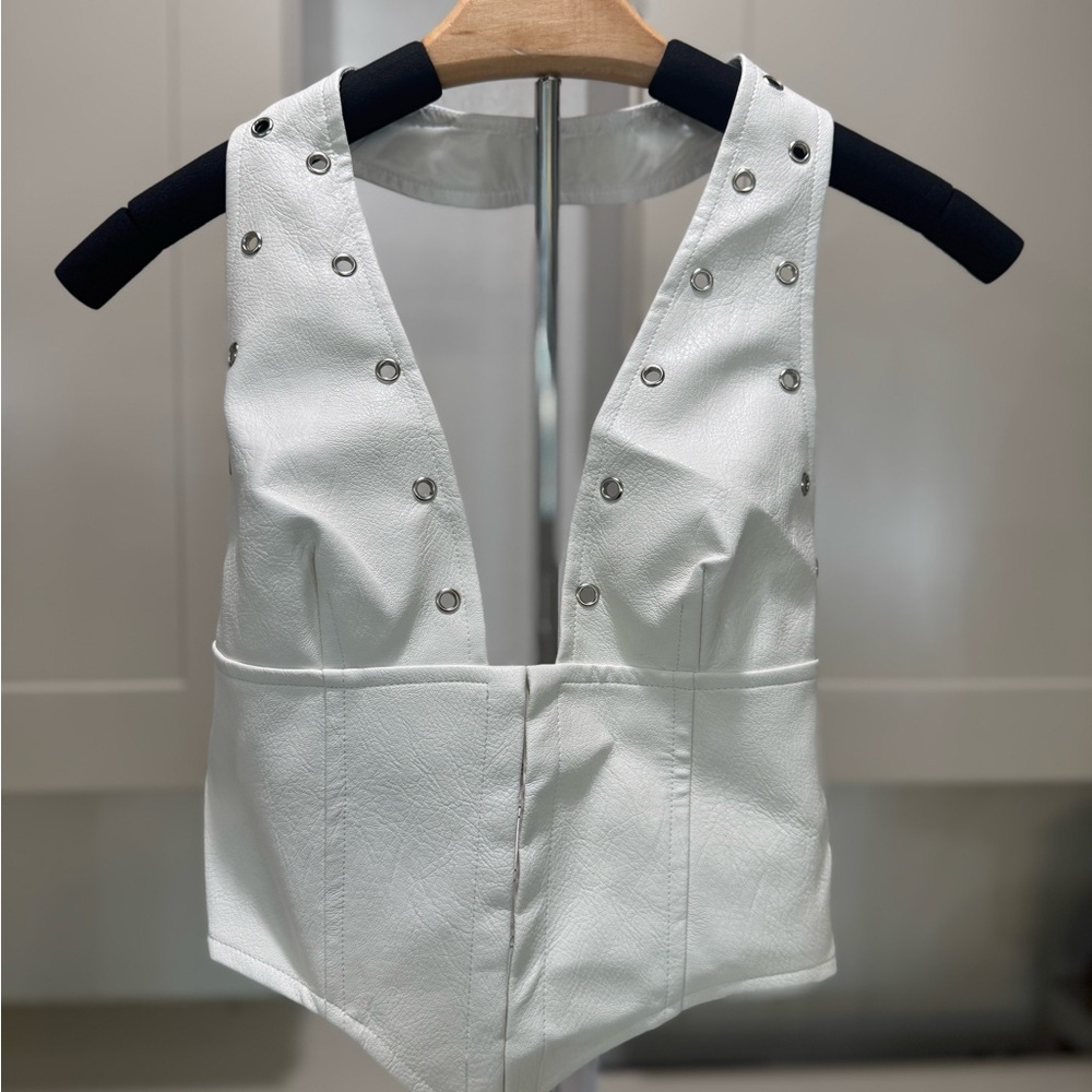 White Tank Top with Edgy Metallic Details